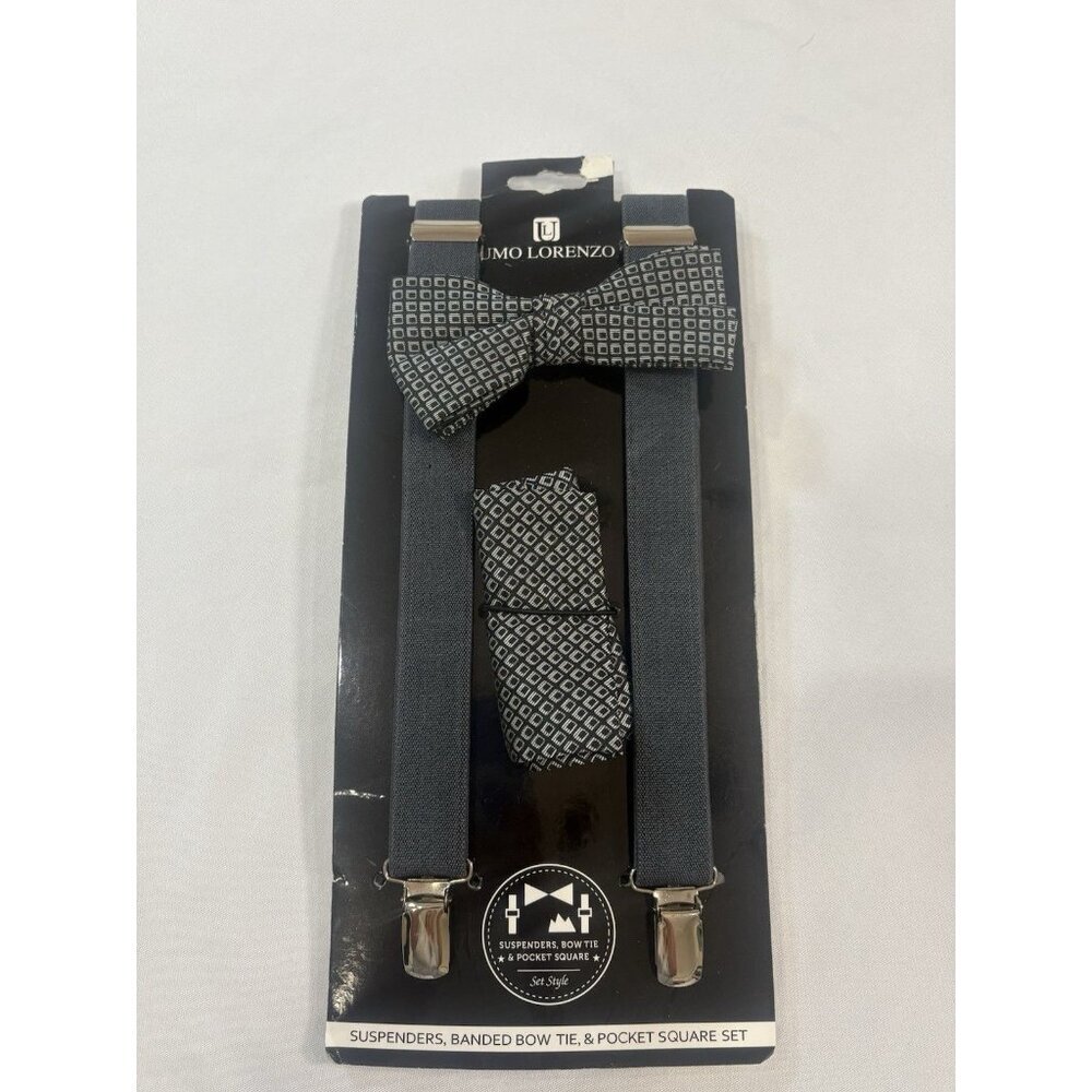Umo Lorenzo Suspenders Bow Tie & Pocket Square Set - New Men | Color: Gray
